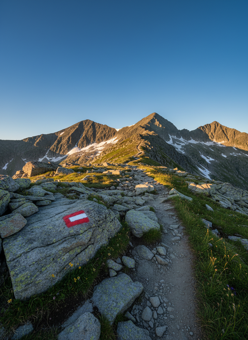 A close-up, low-angle view of a rocky mountain trail ascending toward a distant ridgeline, the foreground dominated by textured granite stones, patches of hardy alpine grass, and a clearly visible painted trail blaze on a larger rock. In the midground, the path narrows and curves, leading the eye toward jagged, snow-dusted peaks under a clear, deep-blue sky. Late-afternoon golden hour lighting creates warm highlights on the rocks and cool, defined shadows in crevices, emphasizing terrain detail. The photographic realism, high clarity, and slightly wide-angle composition create an adventurous yet analytical mood, ideal for a professional blog explaining what to look for in challenging high-altitude routes.